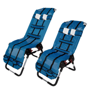 Two blue folding chairs with black straps on a white background