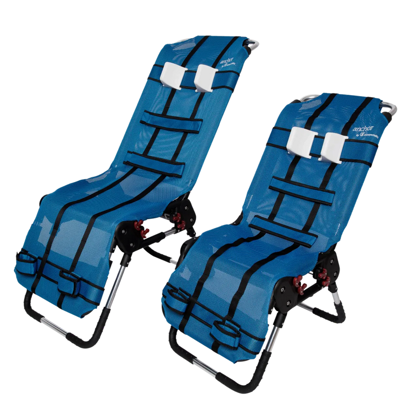 Two blue folding chairs with black straps on a white background