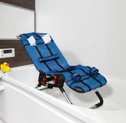 Blue bath chair with black straps on a bathtub