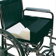 Wheelchair with a black seat cover and white cushion on a white background