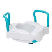 White and blue adult potty seat with handles on a white background