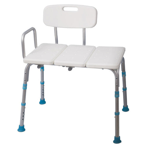 White adjustable shower chair with gray legs and blue foot pads on a white background