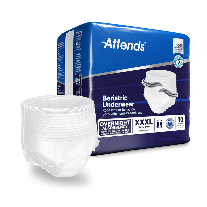 Attends bariatric underware packaging with a single underware on a white background