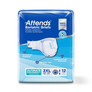 Pack of Attends Bariatric Briefs with blue and white design on a white background