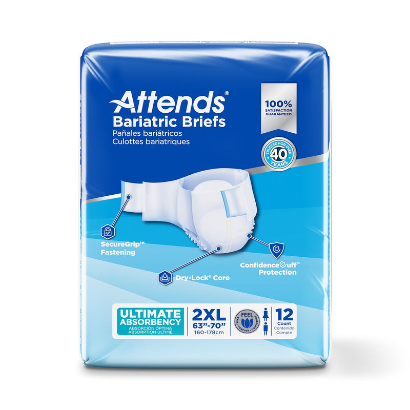 Pack of Attends Bariatric Briefs with blue and white design on a white background