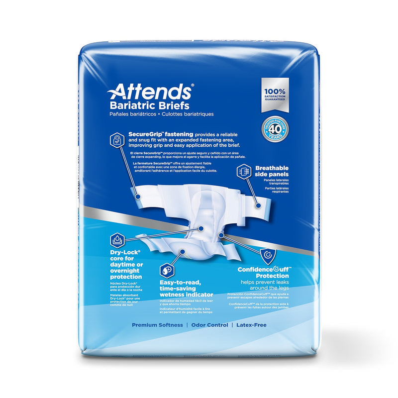 Package of Attends Bariatric Briefs with blue and white design on a white background