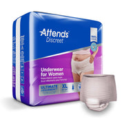 Attends Discreet underwear packaging for women with a sample product on a white background