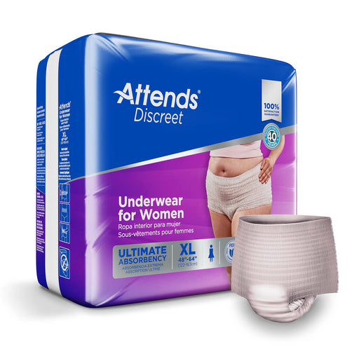 Attends Discreet underwear packaging for women with a sample product on a white background
