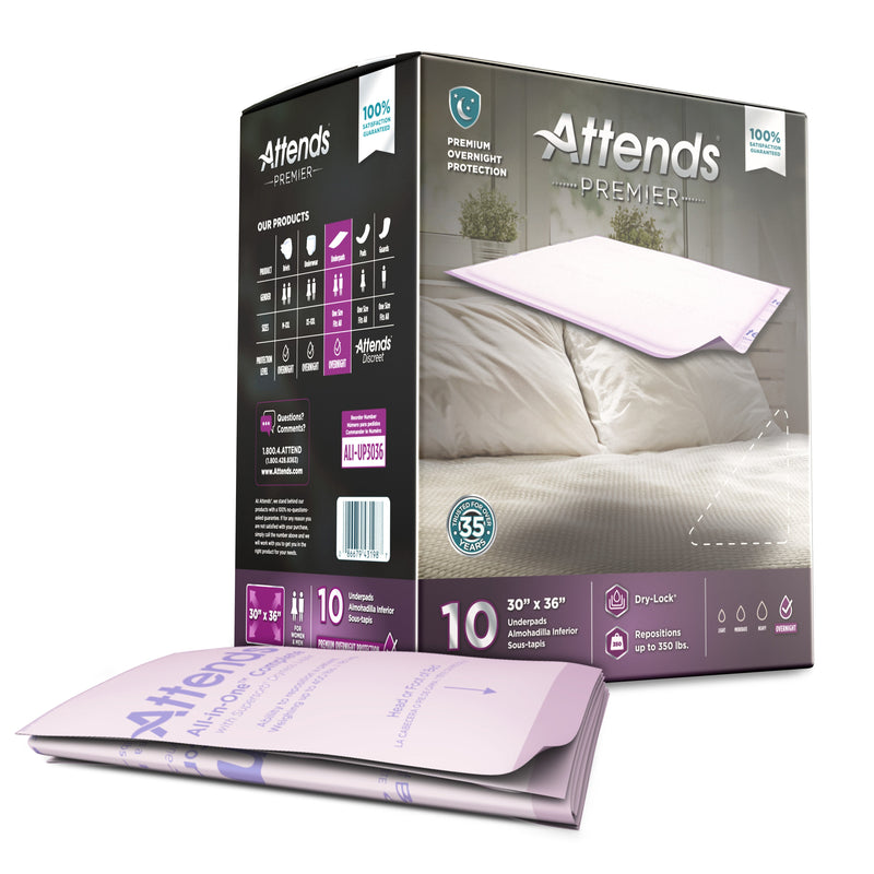 Attends Premier product packaging with a sample pad on a white background