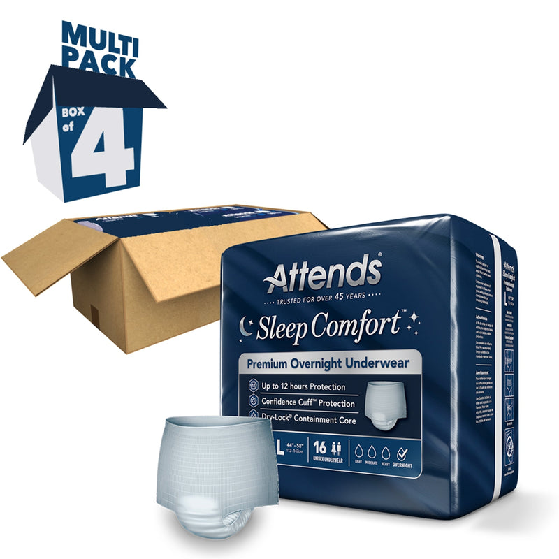 Attends Sleep Comfort premium overnight underwear packaging with a multi-pack box on a white background