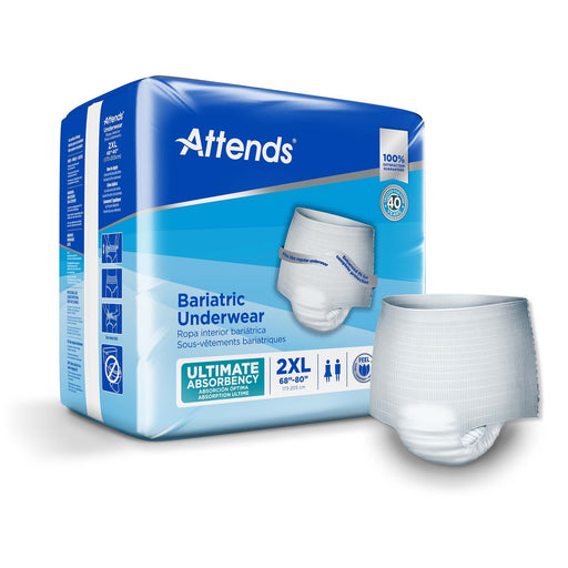 Attends bariatric underwear packaging with a sample underwear on a white background