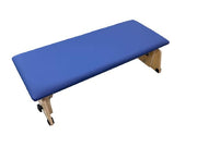 Blue therapy bench with wooden legs on a white background