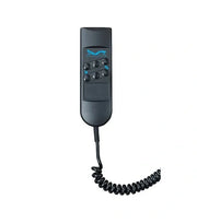 Black remote control with coiled cable on a white background