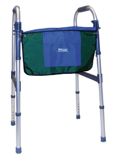Walker with green bag and blue pocket on a white background
