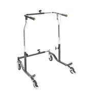 Black metal stand with wheels on a white background