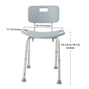 Gray shower chair with measurements on a white background