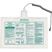 Rectangular medical device with a coiled cable and warning label on a white background