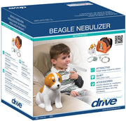Box of a Beagle Nebulizer with a child using it on a bed