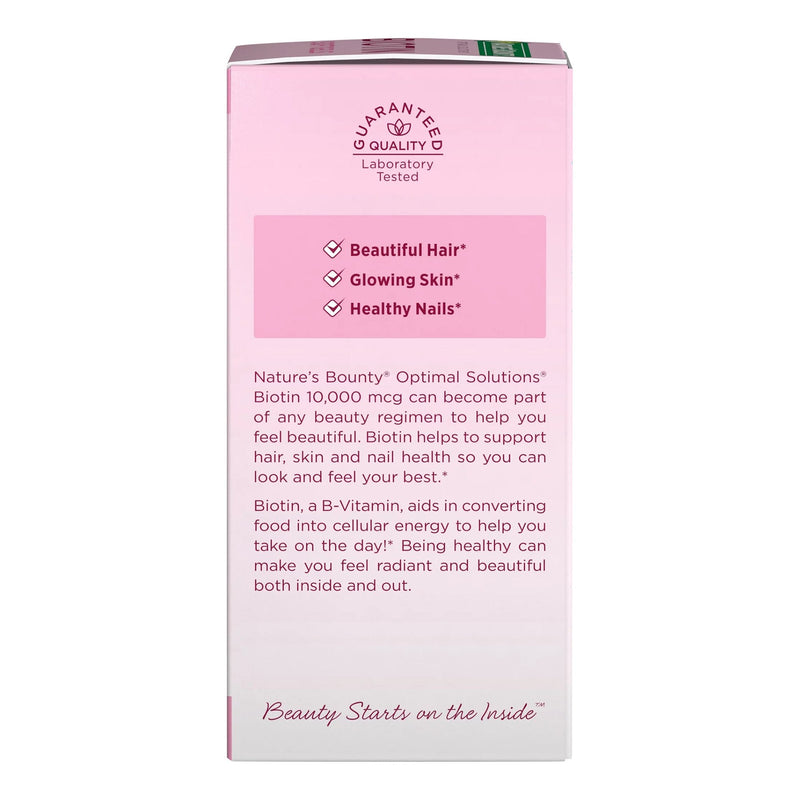 Pink box of Nature's Bounty Optimal Solutions with text on a white background