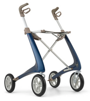 Blue and gray golf push cart on a white background