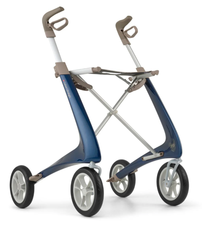 Blue and gray golf push cart on a white background