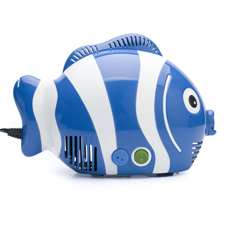 Blue and white fish-shaped nebulizer on a white background
