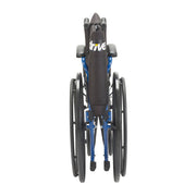 Wheelchair with blue frame and black seat on a white background