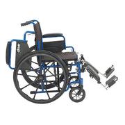 Wheelchair with blue frame and black seat on a white background