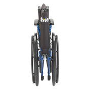 Wheelchair with blue frame and black seat on a white background