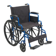 Wheelchair with blue frame and black seat on a white background
