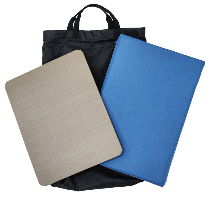 Two rectangular mats, one beige and one blue, with a black bag on a white background.