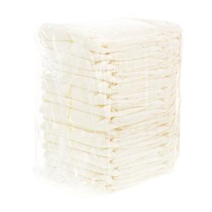 Stack of white disposable diapers on a white background