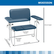 Blue McKesson blood donation chair with measurements on a white background