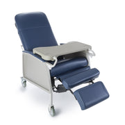 Blue recliner chair with a tray on a white background