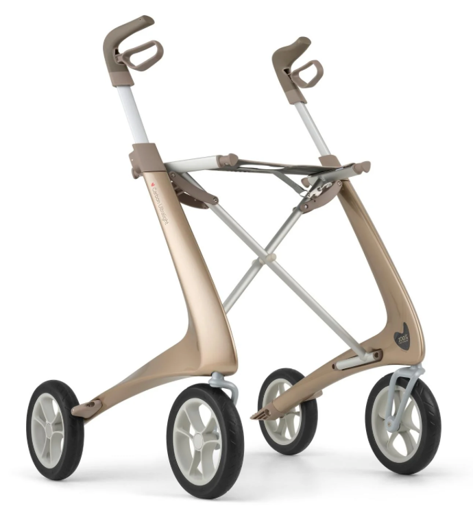 Beige and white folding stroller on a white background