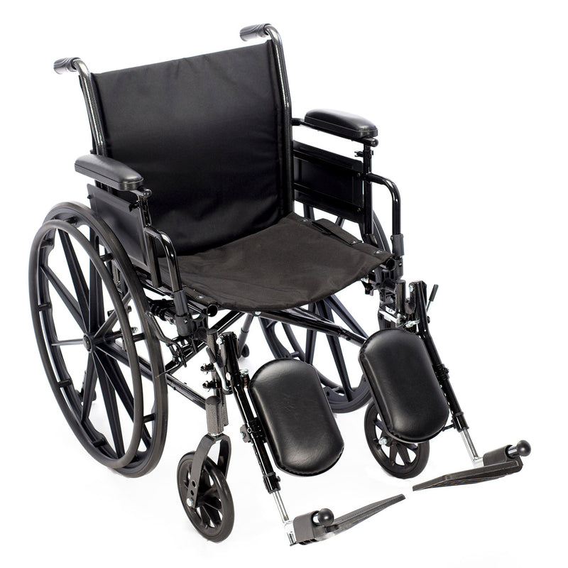 Black manual wheelchair with various attachments on a white background