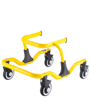 Yellow gait trainer with black wheels on a white background