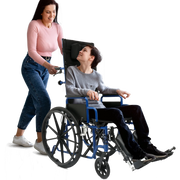 Person using a wheelchair with another person assisting them on a white background