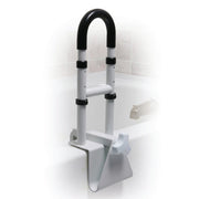 Bath safety rail with black handle and white base against a tiled bathroom wall.