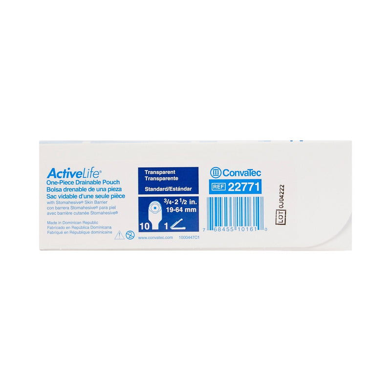 Pack of Active Life one-piece drainable pouches with Convatec branding on a white background