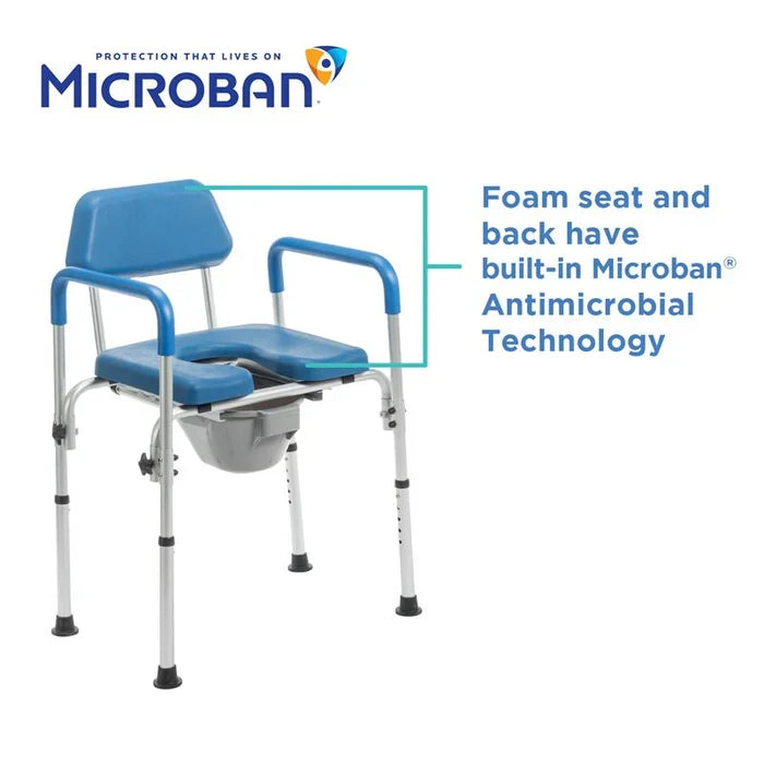 Medical commode chair with blue foam seat and backrest, featuring Microban antimicrobial technology.