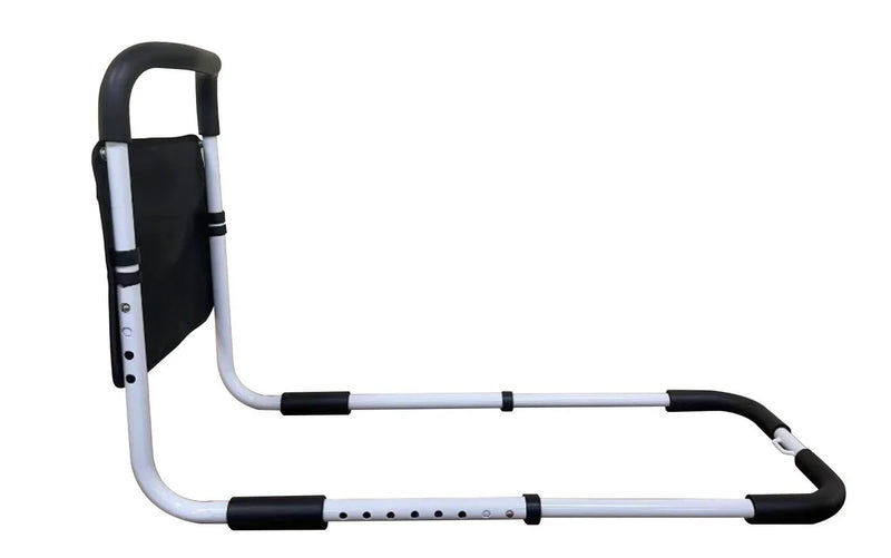 White and black adjustable bed rail on a white background