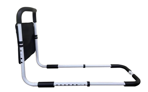 White and black adjustable bed rail on a white background