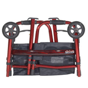 Red walker with wheels and storage bag on a white background
