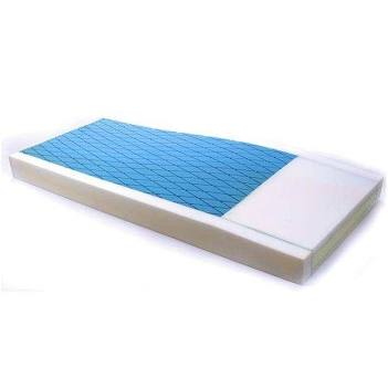 A rectangular mattress or cushion with a white side and a blue quilted top surface, shown on a plain white background.