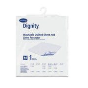 Package of Dignity washable quilted sheet and linen protector on a white background