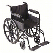 Black wheelchair with black seat and footrests on a white background