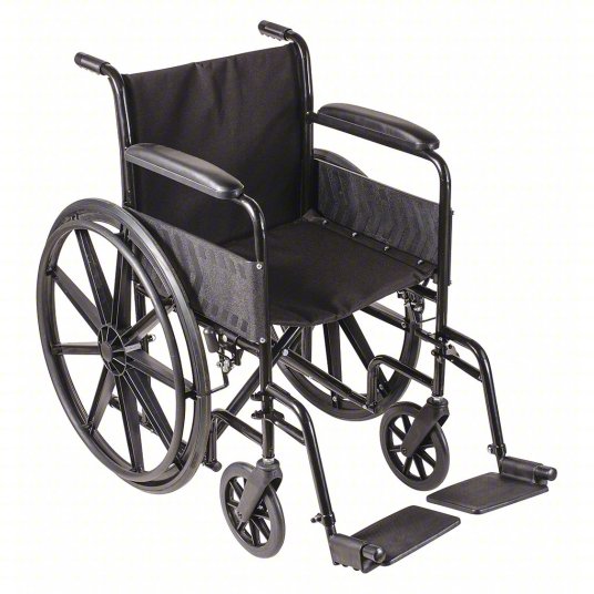 Black wheelchair with black seat and footrests on a white background