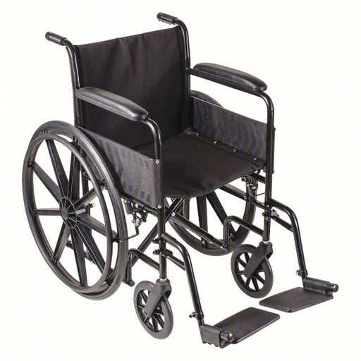 Black wheelchair with black seat and footrests on a white background