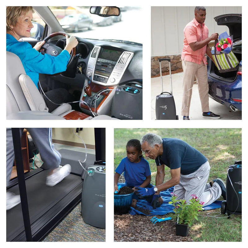 Collage of a portable air conditioner in various settings including a car, a man with luggage, a step stool, and outdoor setting.